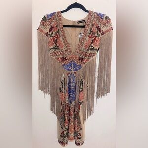 New Nasty Gal Tassel Nude Beaded Fringe Mini Cut Out Dress -Multicolor US Size 6